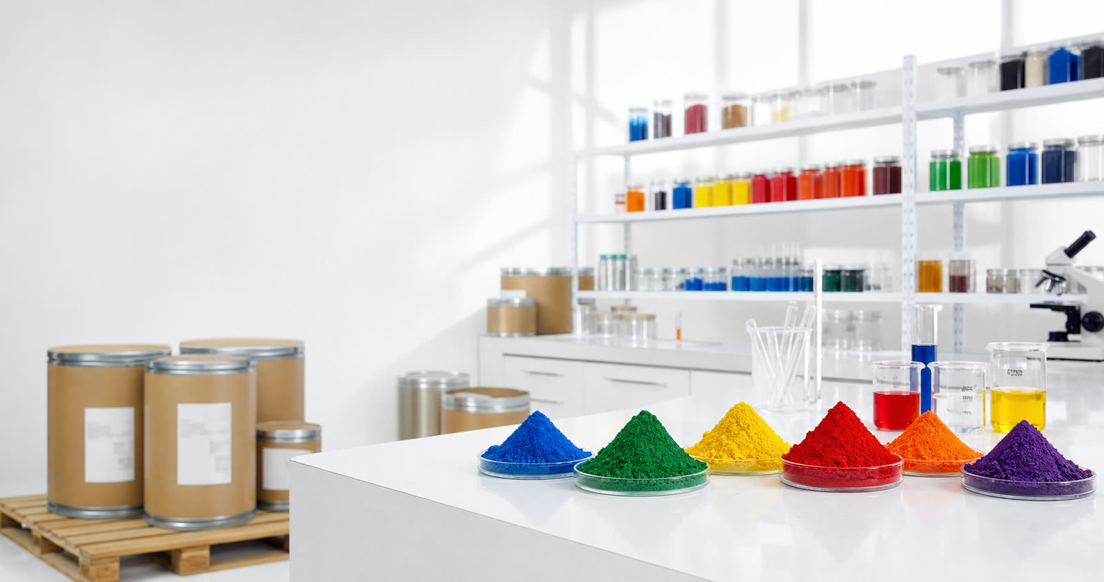 Organic pigment laboratory with export drums and vivid pigment powder samples